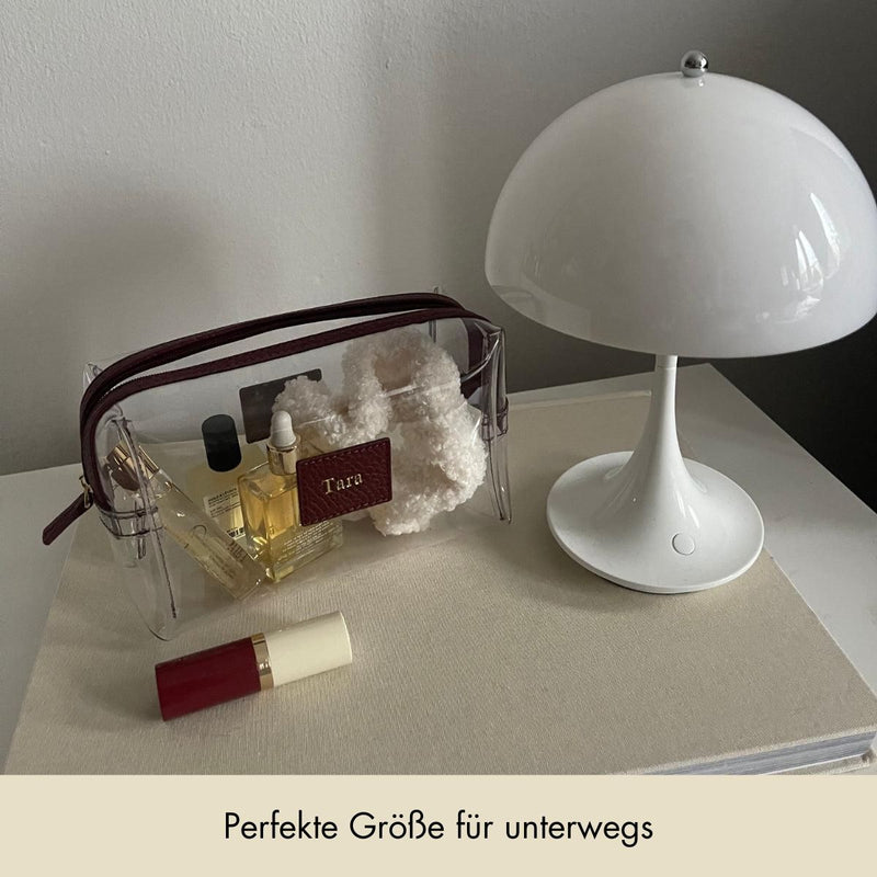 Kosmetiktasche genarbtes Leder | Dunkelrot & Gold – Vorbestellung