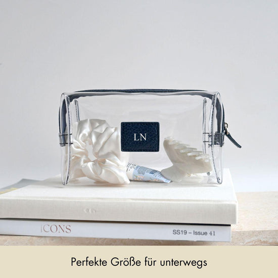 Kosmetiktasche genarbtes Leder | Nachtblau & Silber – Vorbestellung