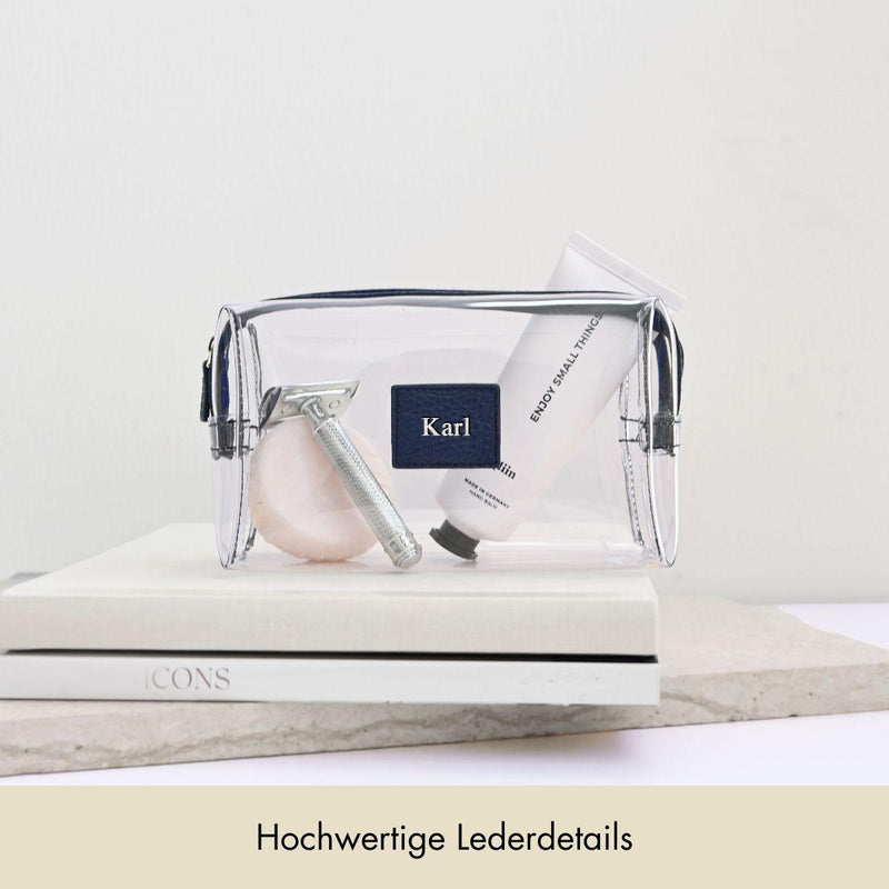  Personalisierte Kosmetiktasche genarbtes Leder Nachtblau & Silber